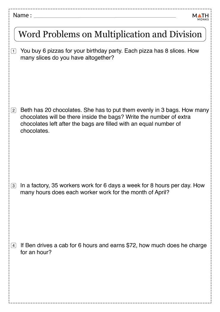 Multiplication and division partner word problems worksheet for third graders