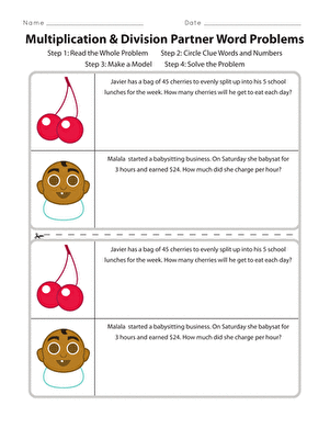 Multiplication and division partner word problems worksheet for third graders