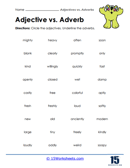Third grade worksheet showing word categorization activity with adjectives, adverbs, and verbs sorted into columns