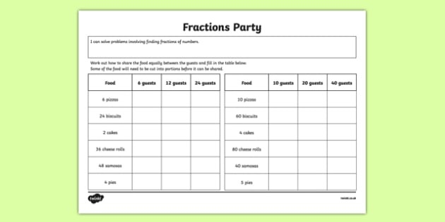Third grade math worksheet showing geometric shapes divided into equal parts with fraction coloring activities