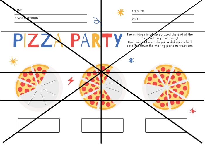 Third grade math worksheet showing geometric shapes divided into equal parts with fractions to color in party-themed designs