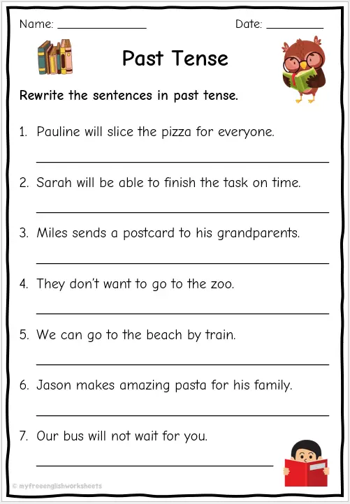 Third grade student completing a past tense verbs worksheet with fill in the blank grammar exercises