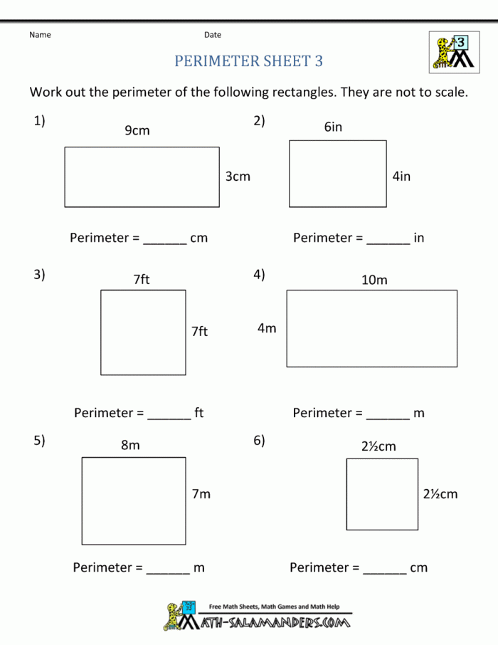 Third grade math worksheet for calculating the perimeter of different house shapes