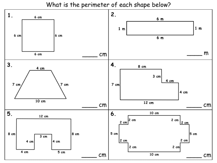 Third grade math worksheet for calculating the perimeter of houses