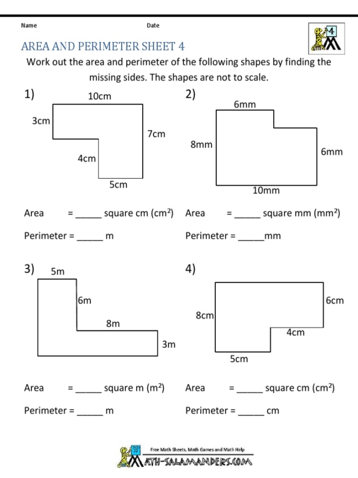 Third grade geometry worksheet featuring houses for students to calculate and compare perimeters
