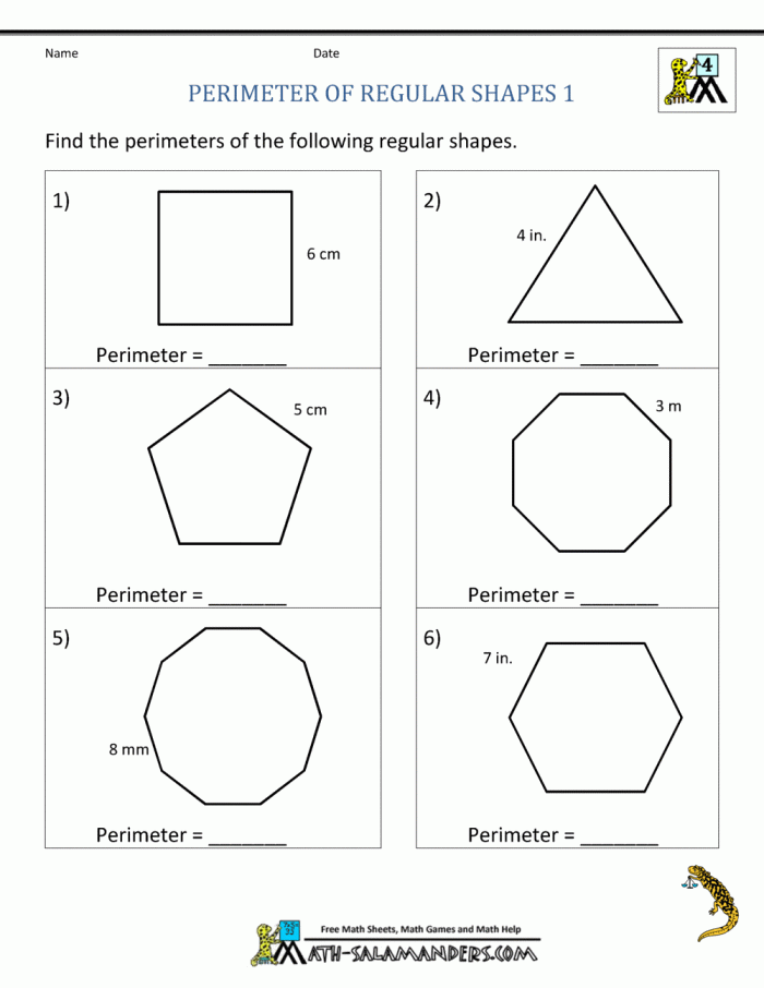 Third grade math worksheet for calculating and comparing the perimeter of different house shapes