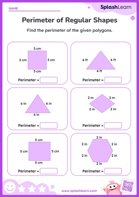 Third grade geometry worksheet focused on calculating the perimeter of various shapes in inches