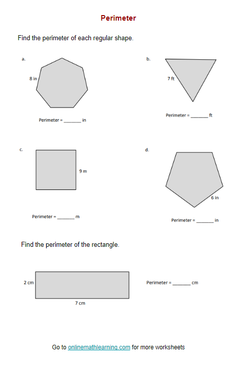 Third grade math worksheet for calculating and comparing the perimeter of various house shapes