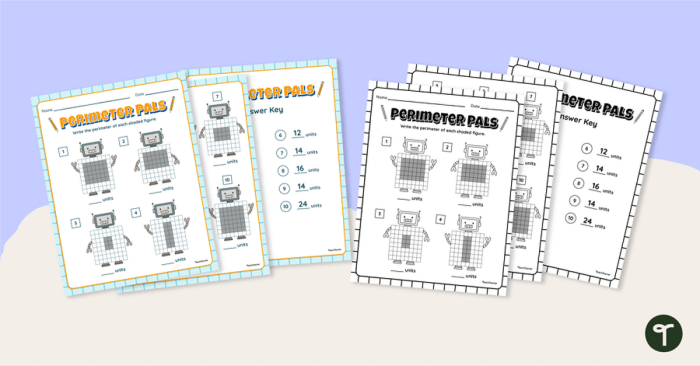 Third grade math worksheet for calculating the perimeter of houses