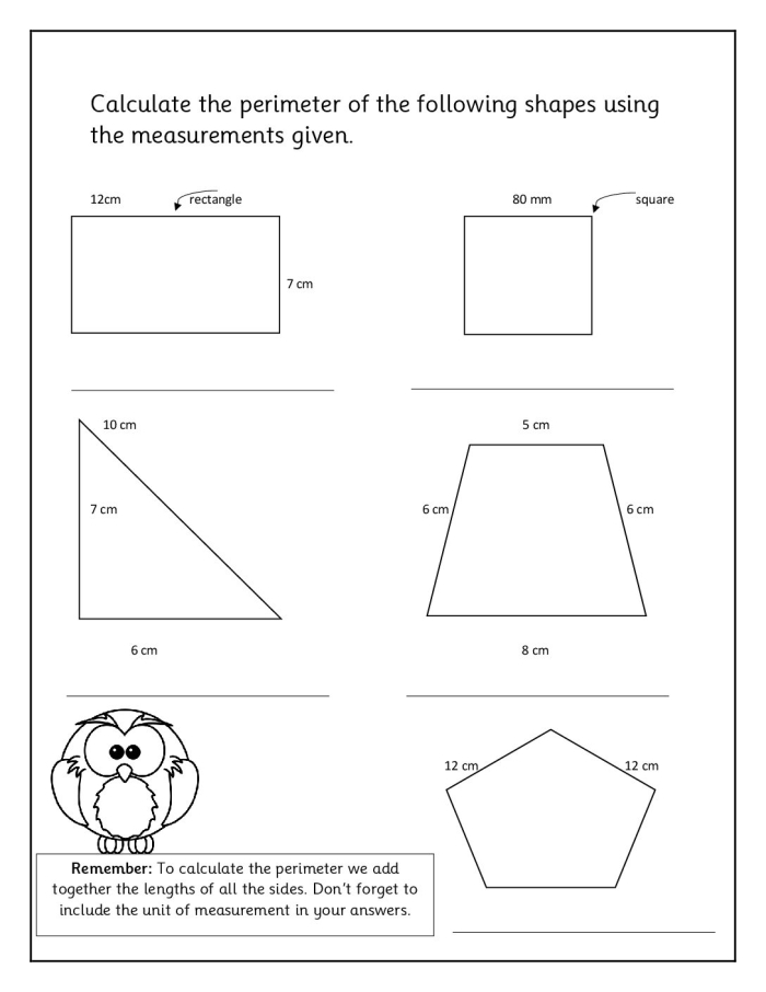 Third grade math worksheet for finding the perimeter of houses in a geometry activity