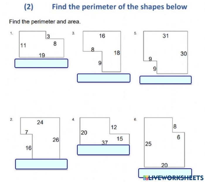 Third grade geometry worksheet for finding the missing side of a shape to calculate perimeter