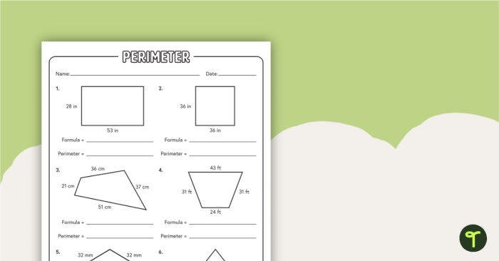 Third grade math worksheet featuring geometry problems to calculate and compare the perimeter of different houses