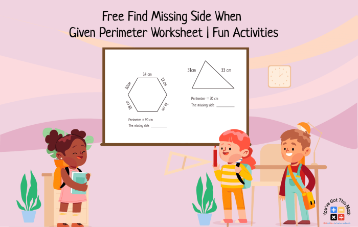 Third grade geometry worksheet for finding the missing side of a shape to learn perimeter
