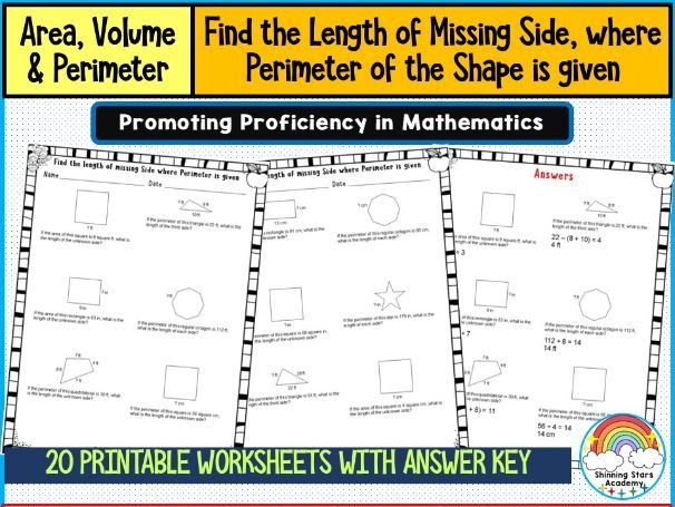 Third grade geometry worksheet showing perimeter problems where students calculate missing side lengths of shapes
