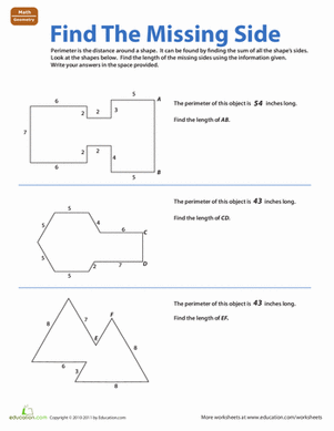 Third grade geometry worksheet showing shapes with missing sides for students to calculate perimeter