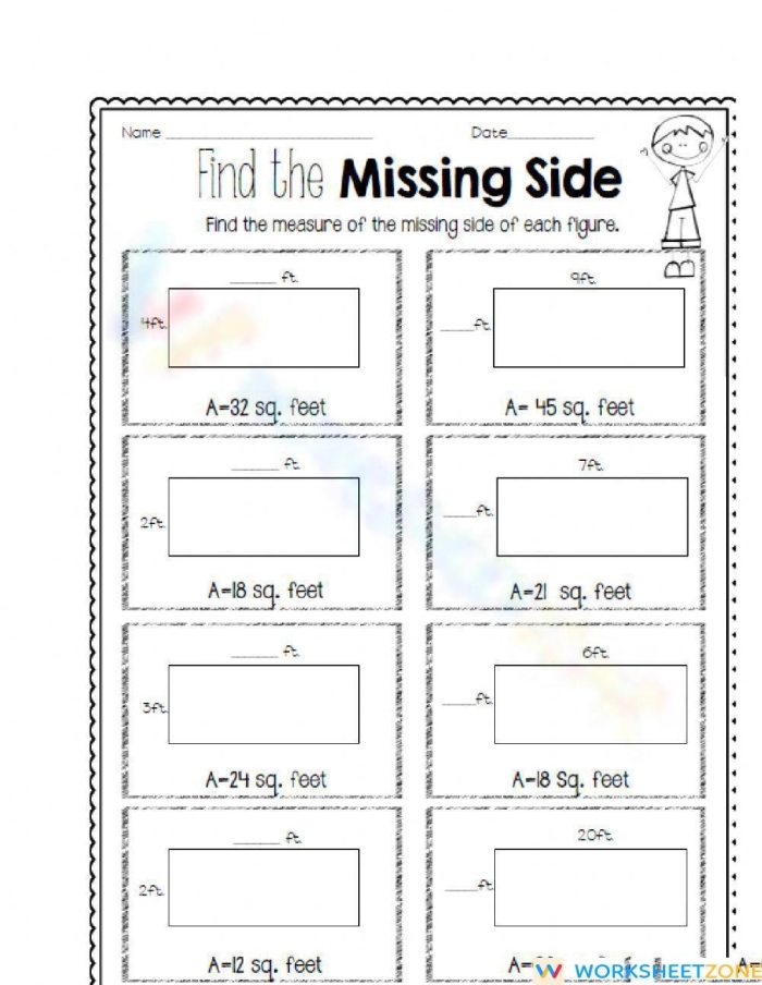 Third grade geometry worksheet showing shapes with missing sides for calculating perimeter
