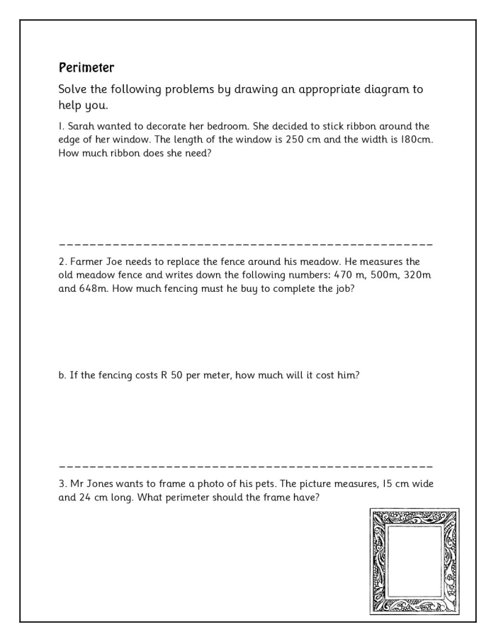 Word Problems worksheet focusing on calculating the perimeter of various polygons for third graders