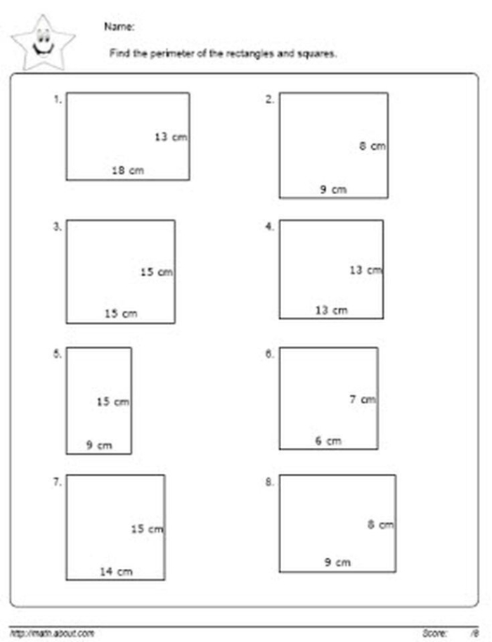 Third grade geometry worksheet featuring various polygons for perimeter calculation practice
