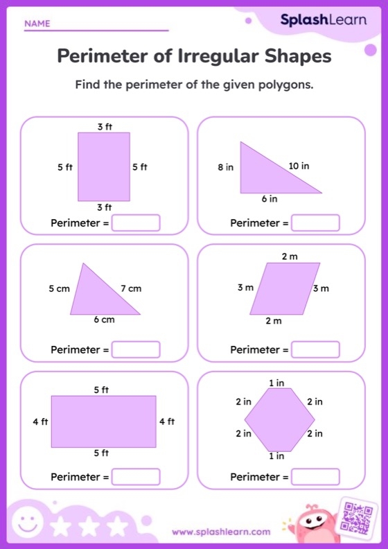 Third grade geometry worksheet for practicing perimeter calculations in inches