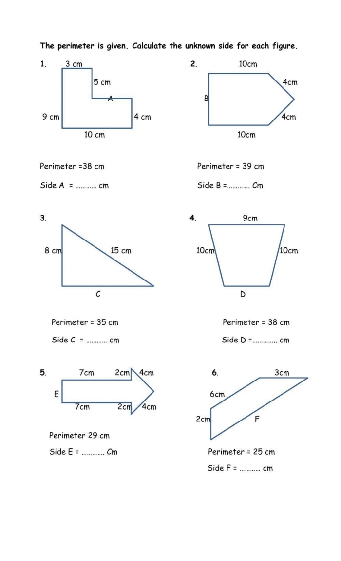 Third grade geometry worksheet showing shapes with missing sides to calculate perimeter