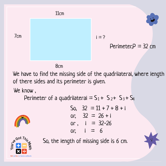 Third grade geometry worksheet for finding the missing side of a shape to calculate perimeter