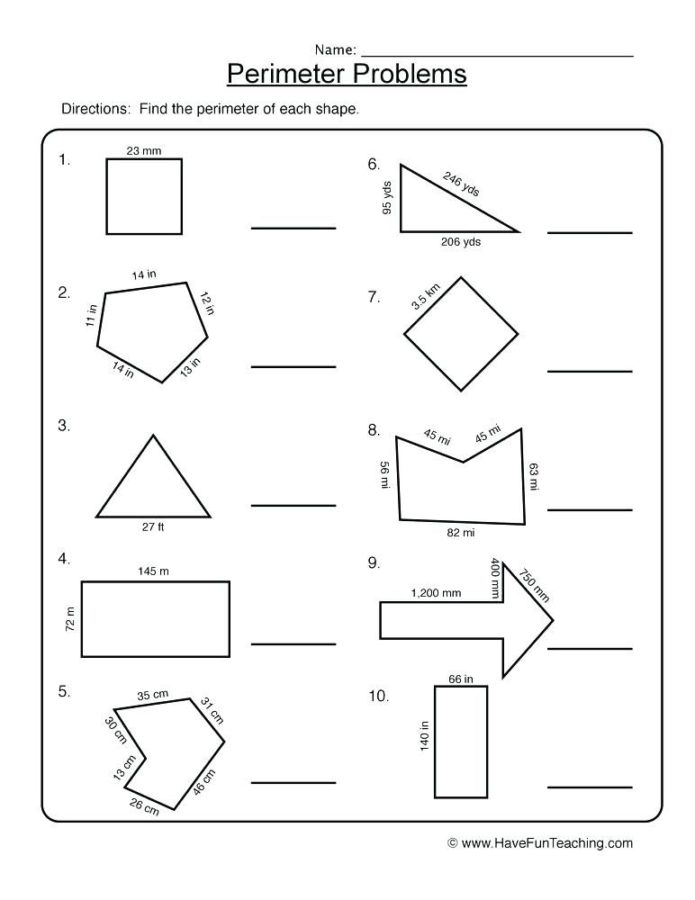Worksheet featuring word problems on calculating the perimeter of various polygons for third graders