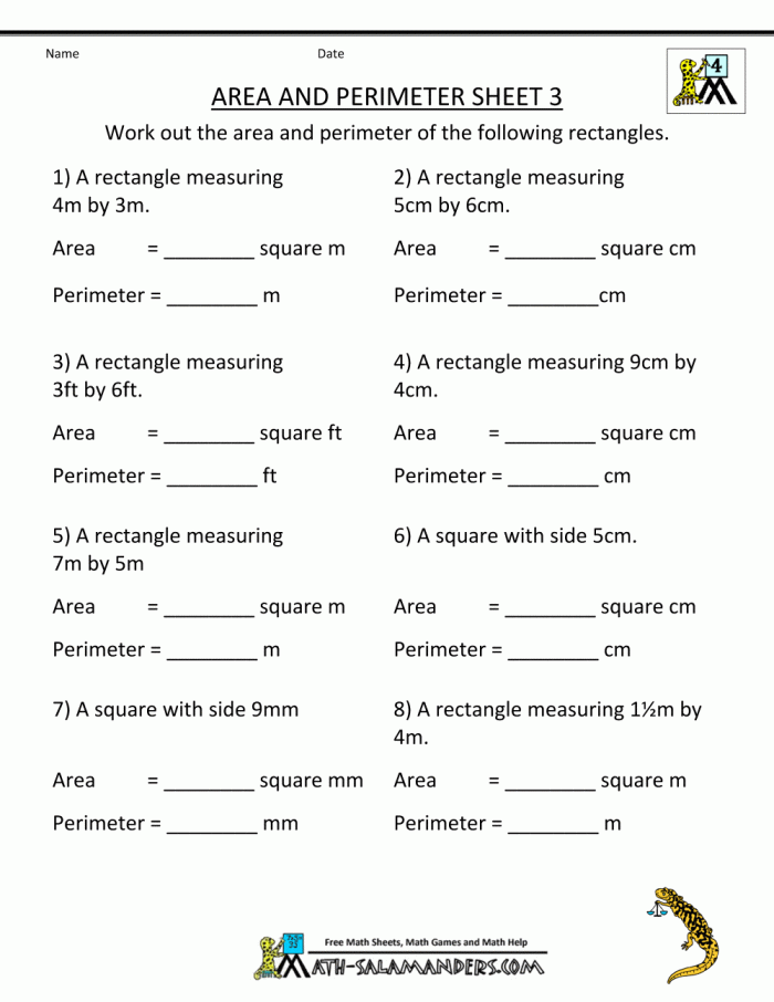 Third grade math worksheet featuring geometry word problems to practice calculating the perimeter of various polygons