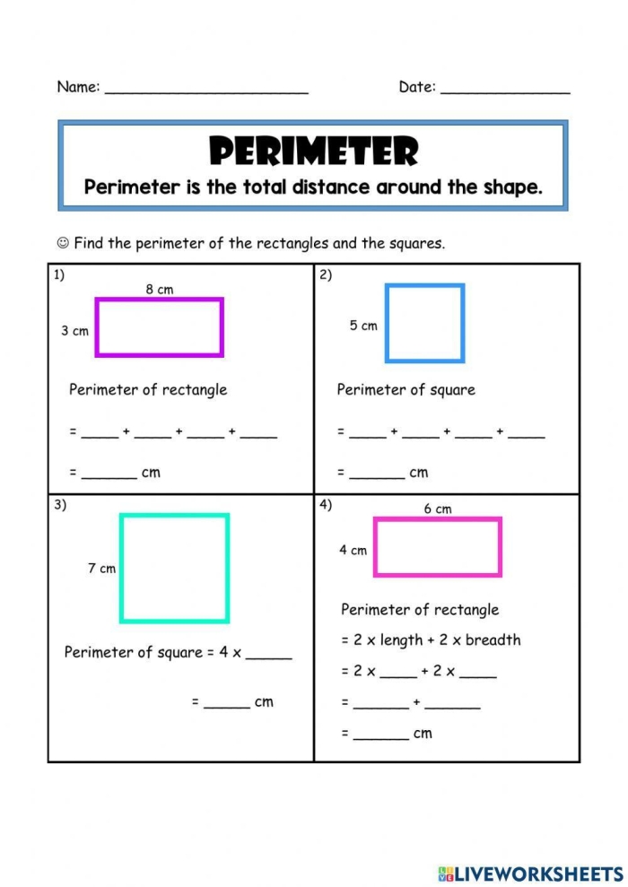Third grade math worksheet featuring word problems about calculating the perimeter of various polygons