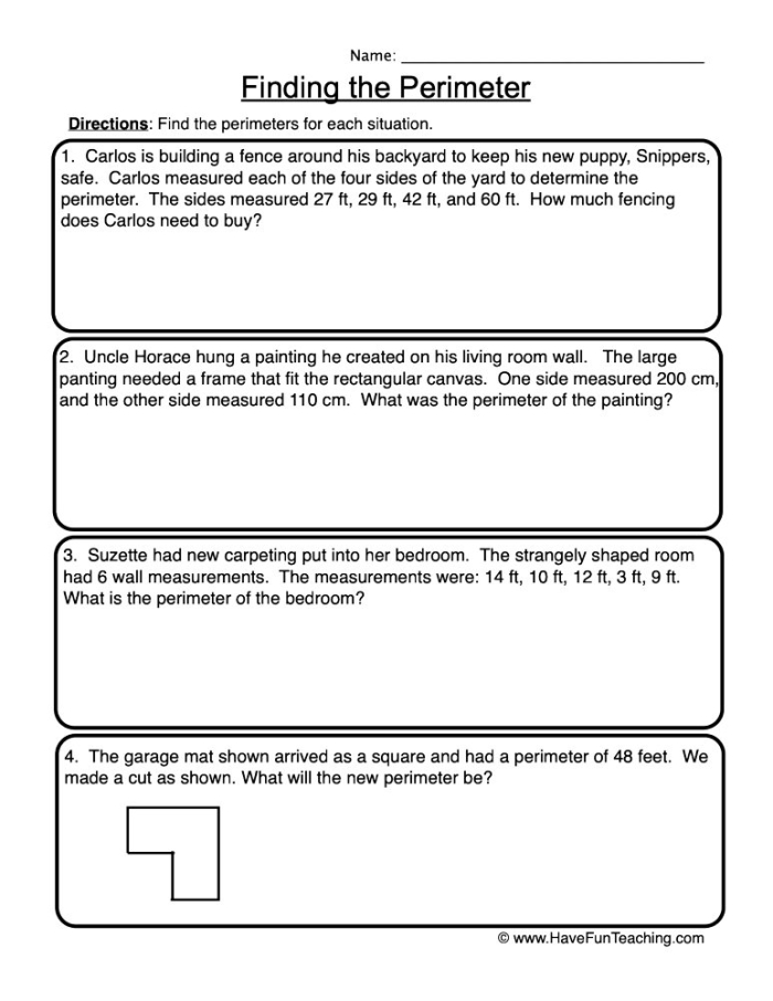 Third grade math worksheet featuring word problems for calculating the perimeter of various polygons