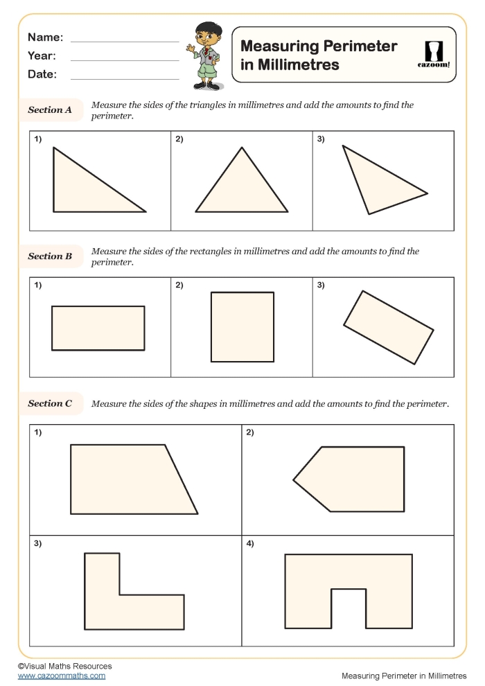 A third grade math worksheet featuring houses for perimeter calculation practice