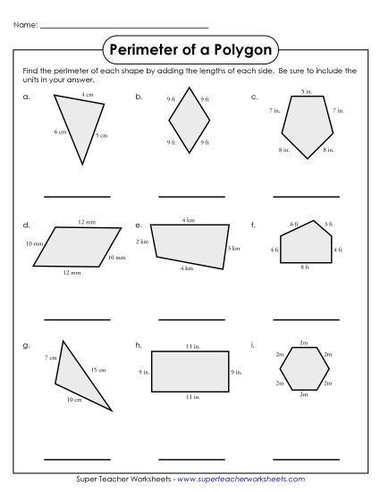 Kids working on a perimeter worksheet featuring various polygons for third-grade geometry practice