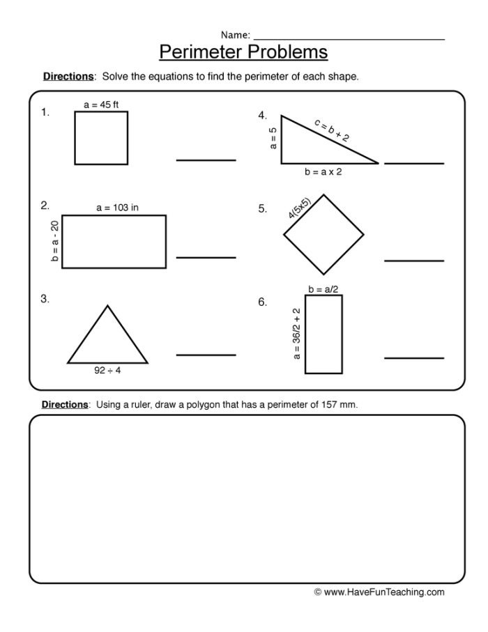 Third grade math worksheet focusing on finding the perimeter of houses