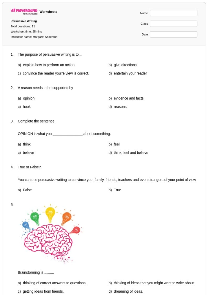 Third grade student practicing persuasive paragraph writing about social media on a guided worksheet