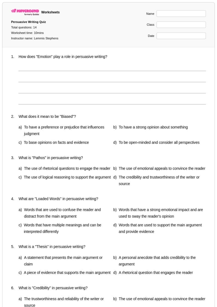 Worksheet for third graders to develop persuasive writing skills on social media