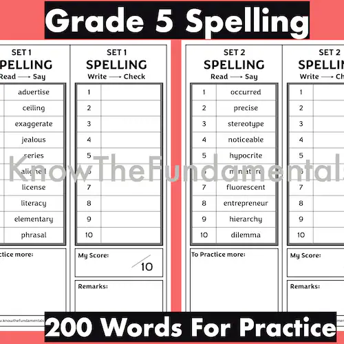 Third grade student practicing writing tricky spelling words on a phonics worksheet