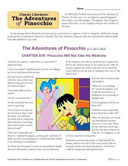 Worksheet for enhancing reading comprehension skills using the story of Pinocchio