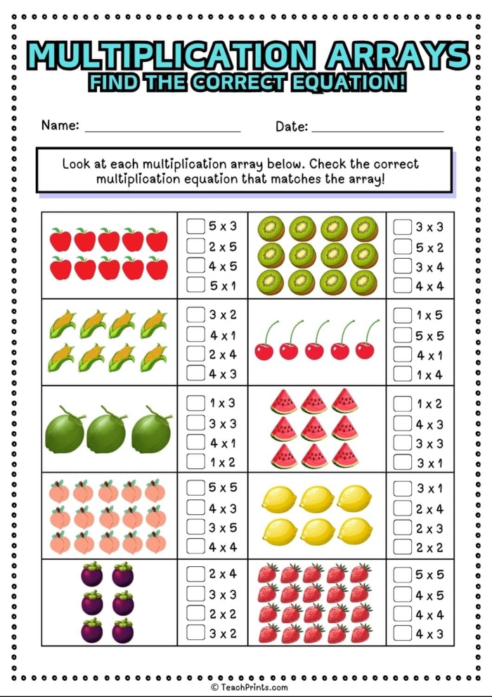 Third grade place value worksheet showing arrays matched to multiple choice equations for learning grouping concepts