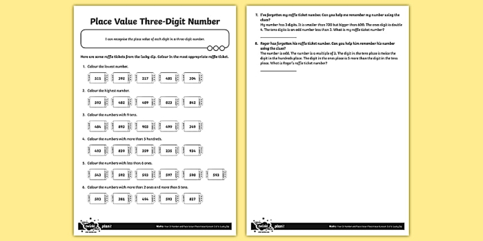 Third grade student filling out a Three-Digit Place Value Assessment worksheet about ones tens and hundreds