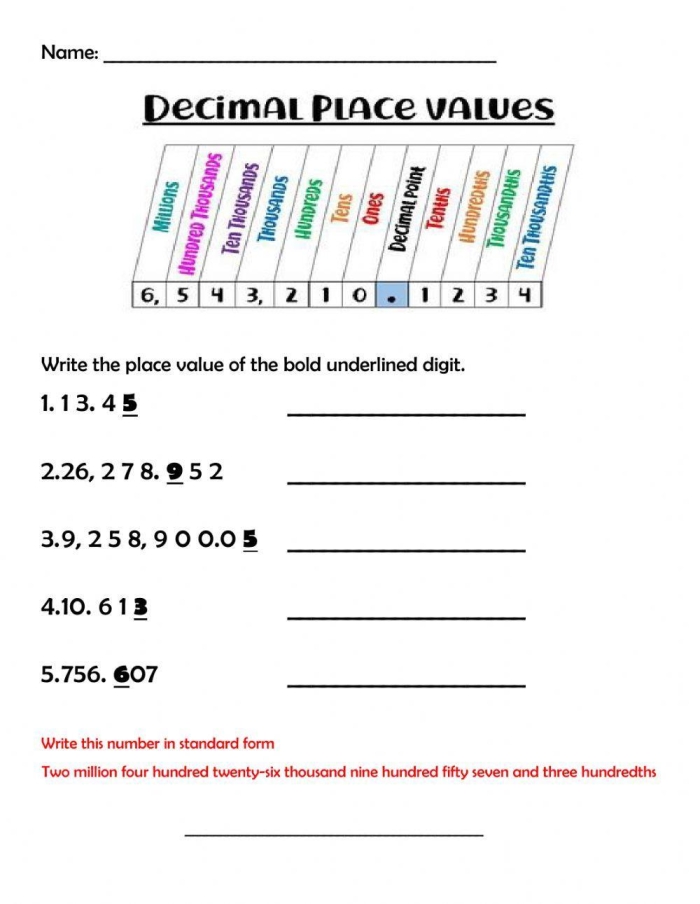 Place Value Practice: Thousandths Worksheet for Kids Worksheet for practicing place value with thousandths for third graders
