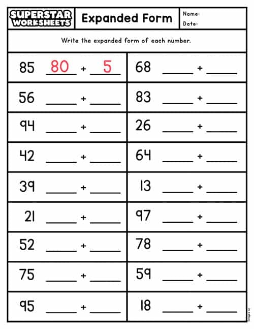 Place Value and Expanded Form Practice Sheet for Elementary Students Third grade place value worksheet showing expanded form practice problems with place value blocks and number decomposition exercises
