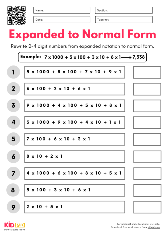 Place Value and Expanded Form Worksheet Twenty for Third Grade Third grade student working on a place value and expanded form math worksheet
