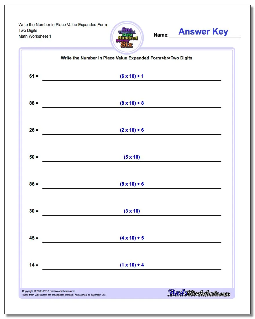 Place Value and Expanded Form Practice Worksheet for Third Grade Number 5 Third grade math worksheet for practicing place value and expanded form from ones to hundred thousands