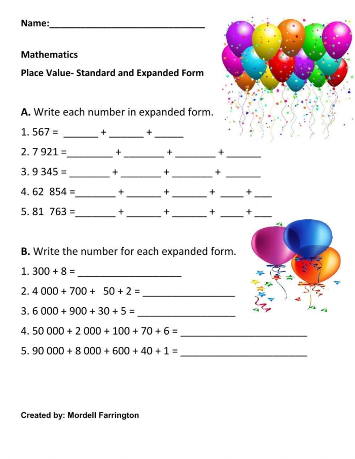 Place Value and Expanded Form Practice Sheet for Elementary Students Third grade place value worksheet showing expanded form practice problems with place value columns for ones through hundred thousandths