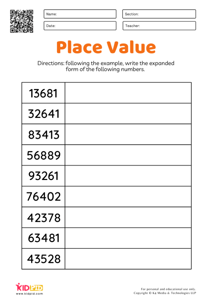 Place Value and Expanded Form Practice Worksheet 24 Third grade math worksheet for practicing place value and expanded form up to the hundred thousands