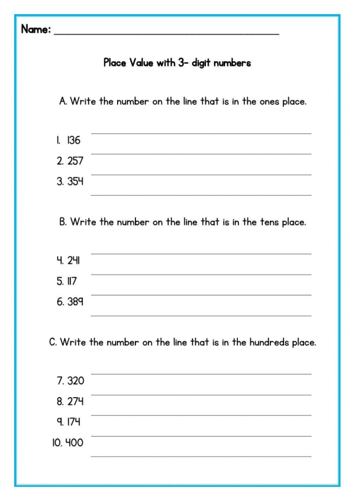 Third grade student identifying place value of ones, tens, and hundreds digits in multi-digit numbers on a math worksheet
