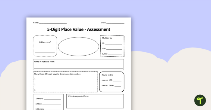 Third grade student completing a three-digit place value assessment worksheet with columns for ones tens and hundreds