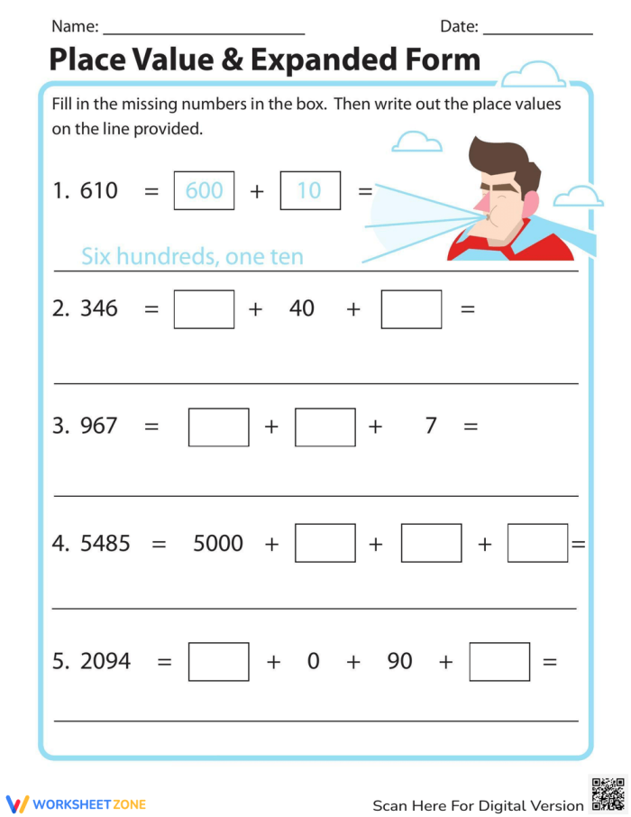 Practice sheet for learning place value and expanded form with ones through hundred thousandths place values Third grade place value worksheet showing expanded form exercises with numbers broken down by place value columns