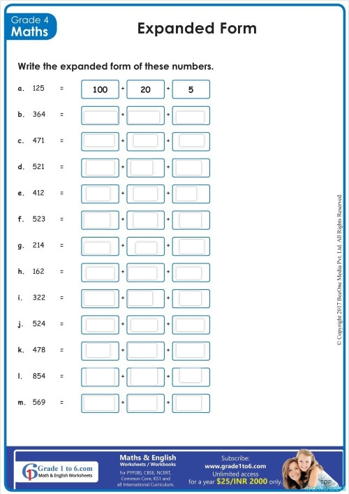 Expanded Form and Place Value Worksheet for Third Grade Math Lesson 7 Third grade math worksheet for practicing place value and expanded form with large numbers