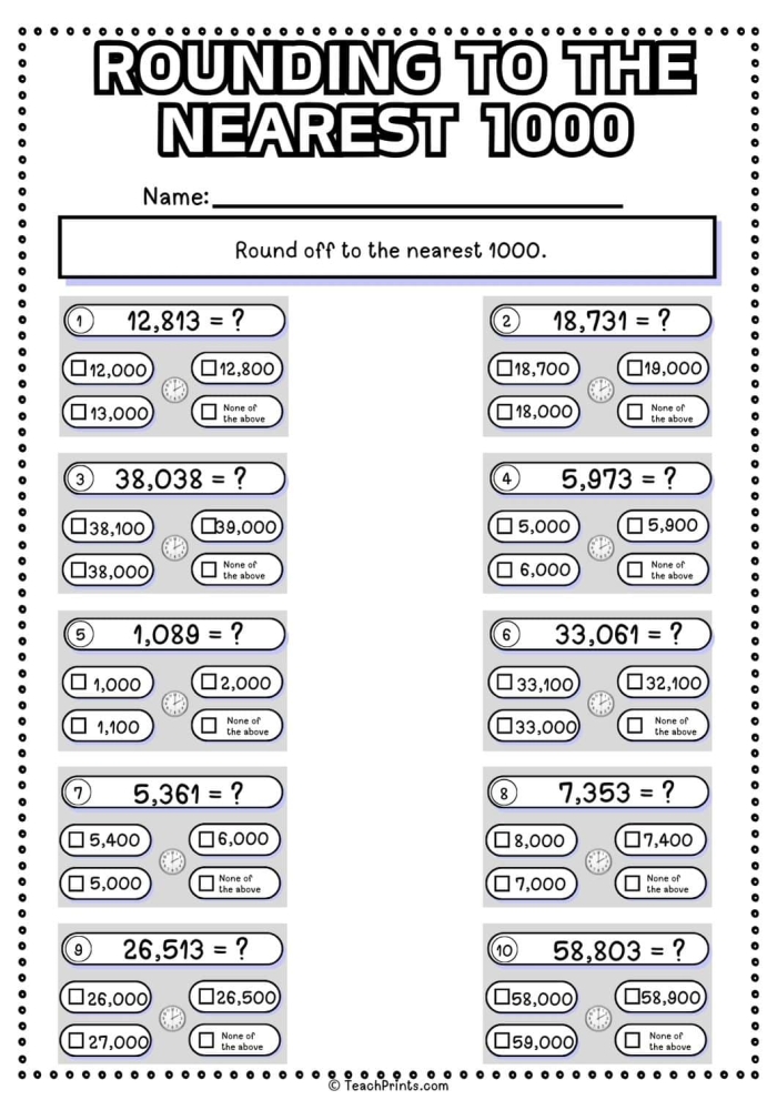 Educational worksheet image for rounding numbers to the nearest thousand Rounding to the nearest thousand worksheet for third graders focusing on place value practice