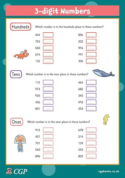 A third grade student completing a place value worksheet with exercises identifying ones, tens, and hundreds digits in three-digit numbers